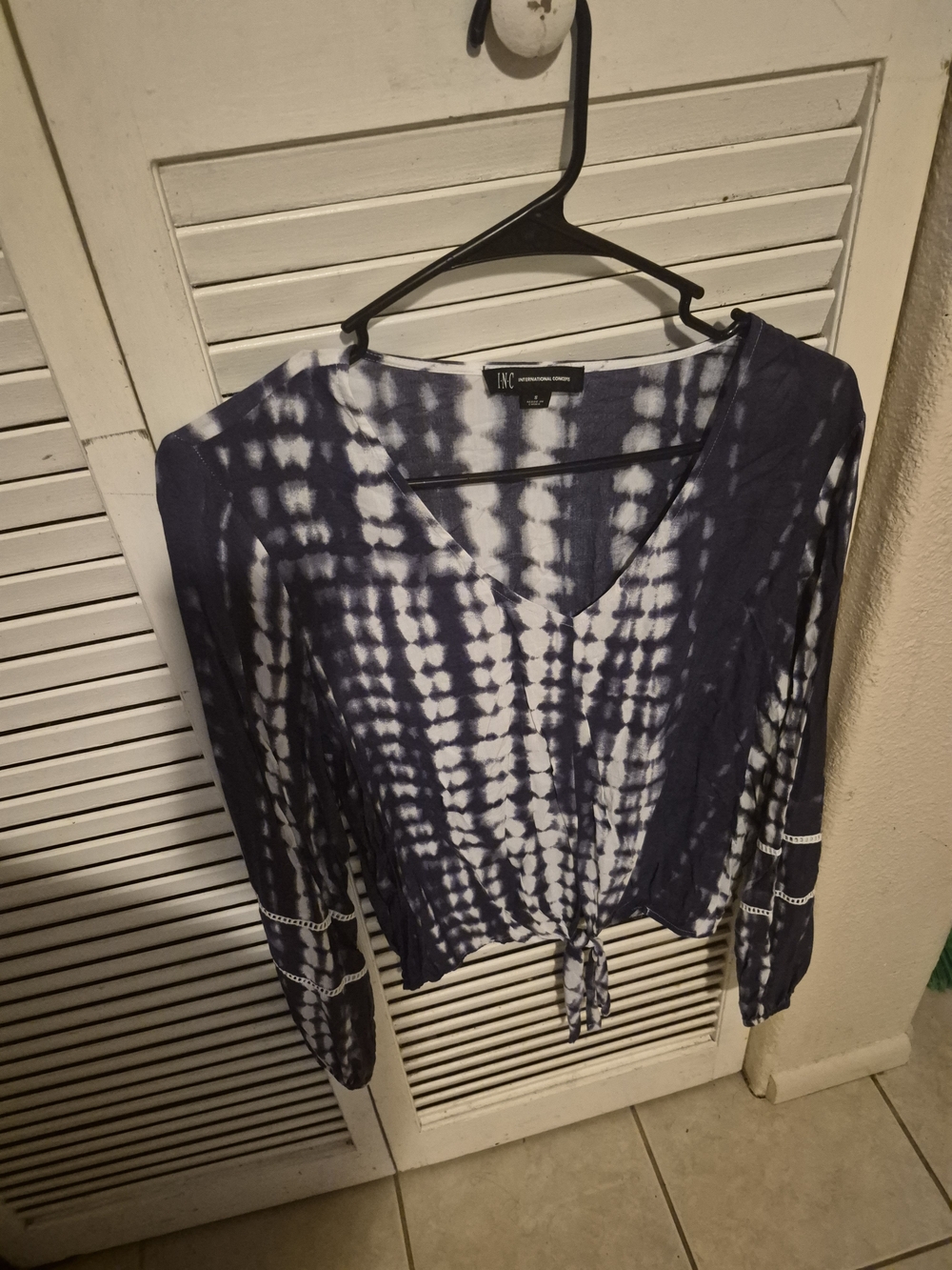 INC International Concepts Navy Tie-Dye V-Neck Tie-Front Top